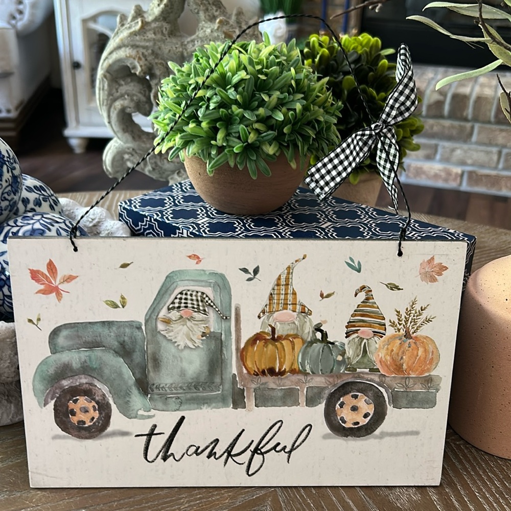 NEW! Fall Harvest Bohemian Farmhouse Thanksgiving Rustic Wood Gnome Pumpkin Sign